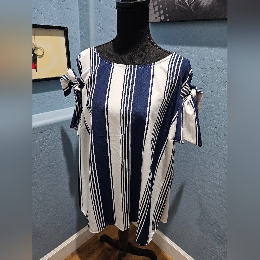 Roz & Ali Navy and White Striped Blouse with Bow Detail